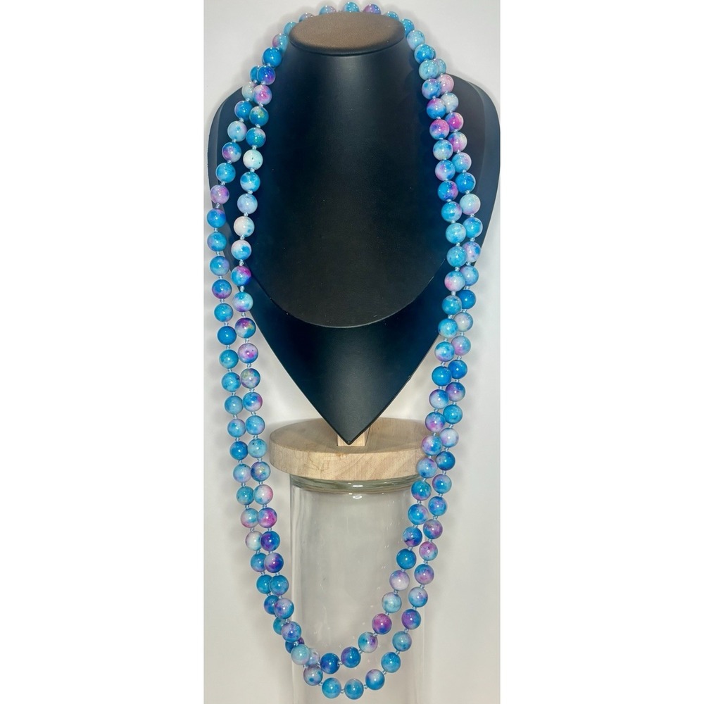 Flapper Necklace 72" Dyed Quartz 10mm Endless Opera Bead Blue Purple Knotted